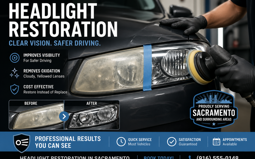 Professional headlight restoration service being performed on cloudy oxidized headlights in Sacramento