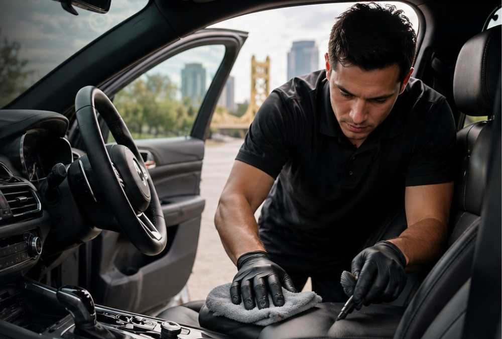Professional interior car detailing service cleaning vehicle cabin in Sacramento