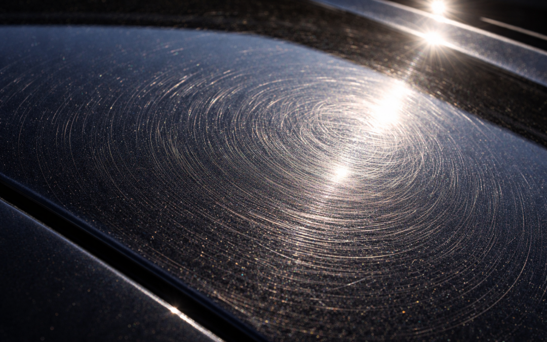 Close-up of swirl marks after car wash showing circular scratches on dark vehicle paint under direct sunlight