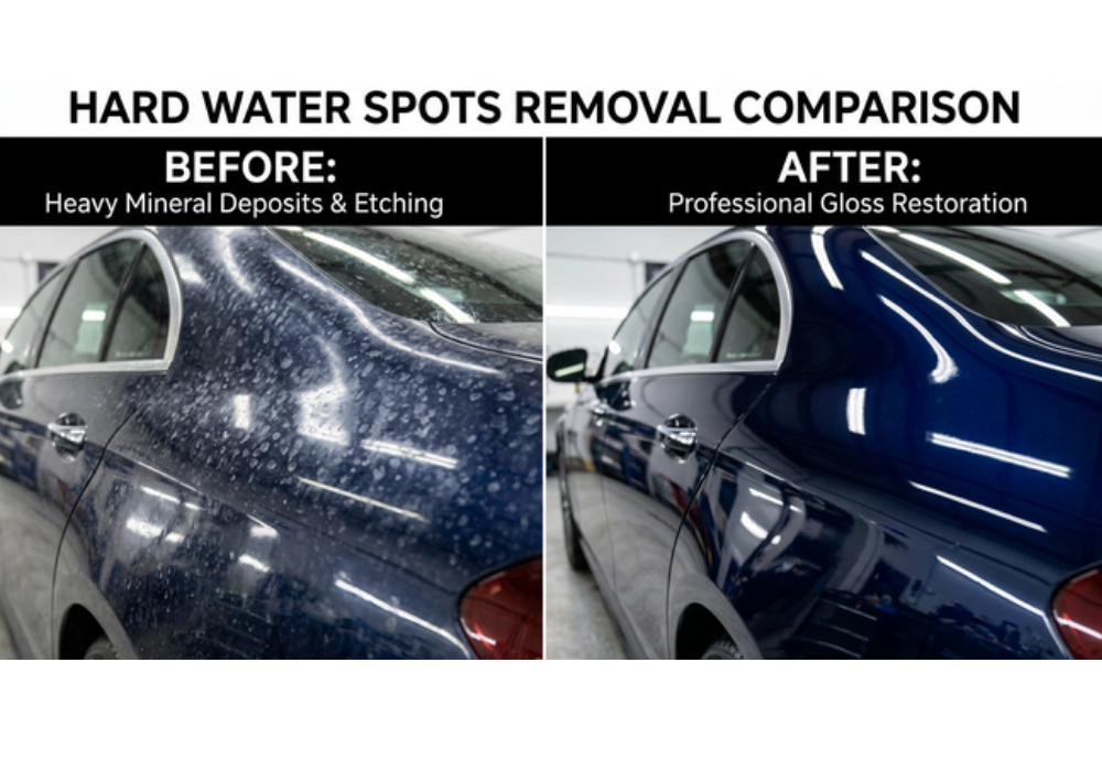 Comparison showing hard water spots on car paint before and after professional removal treatment