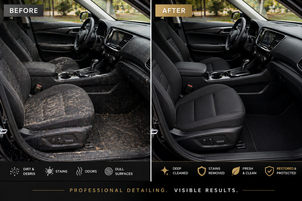 Side-by-side comparison showing results of interior car detailing Sacramento restoration service