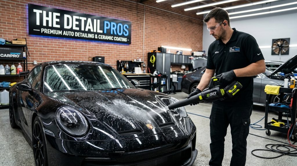 Using a blower to dry water from a ceramic coated car to avoid paint contact