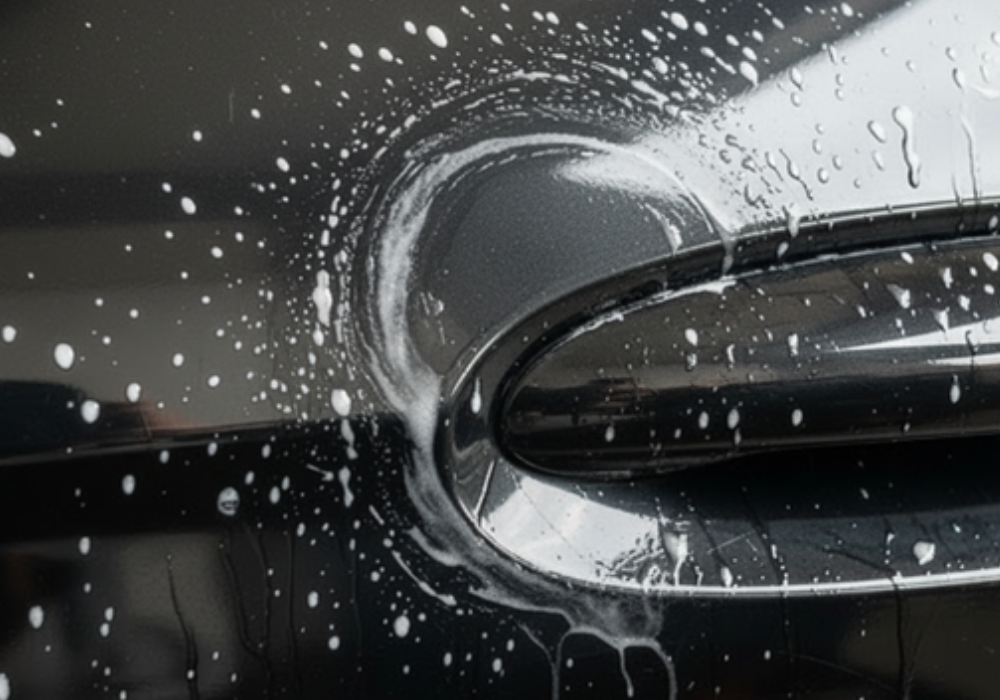 Close-up of etched hard water spots on car paint showing permanent clear coat damage requiring correction