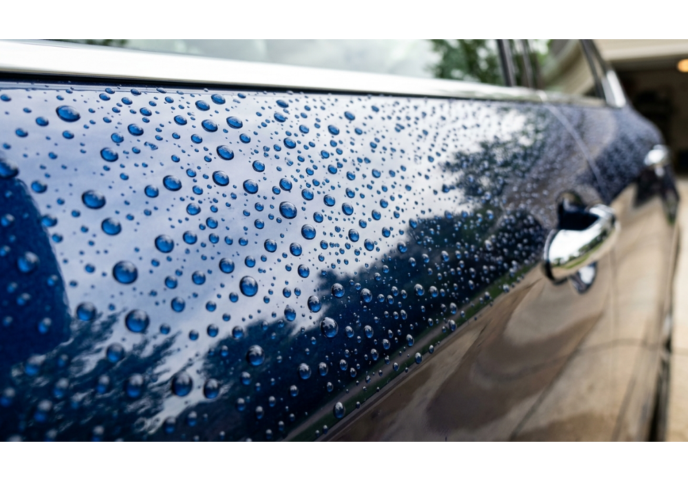 Water beading on ceramic coated car paint demonstrating protection against hard water spots