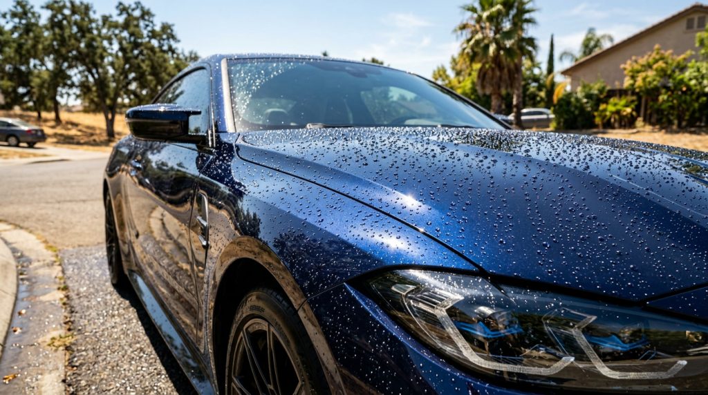 Tight water beads on ceramic coating protected car paint under Sacramento summer sun