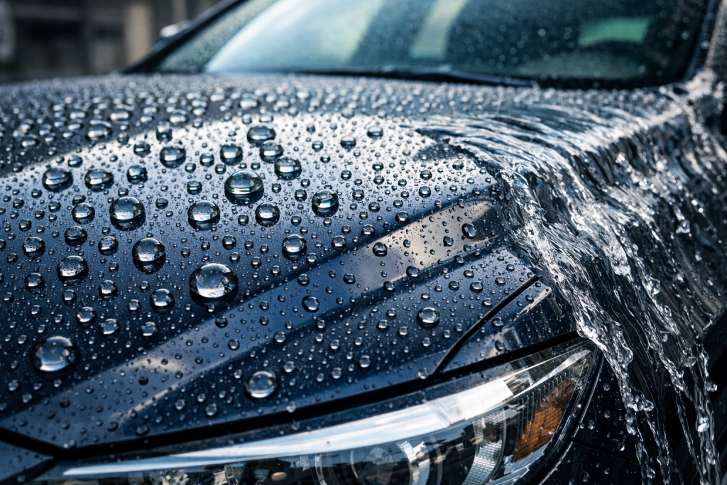 Ceramic coating water beading demonstration showing hydrophobic protection on vehicle paint surface