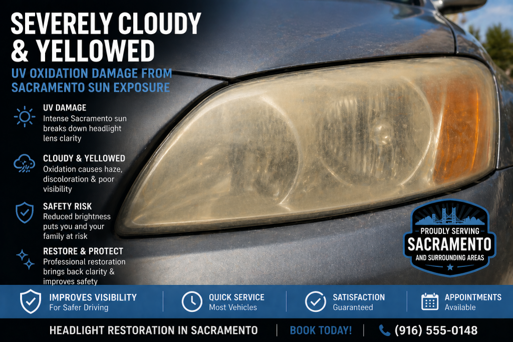 Severely cloudy and yellowed headlights showing UV oxidation damage from Sacramento sun exposure