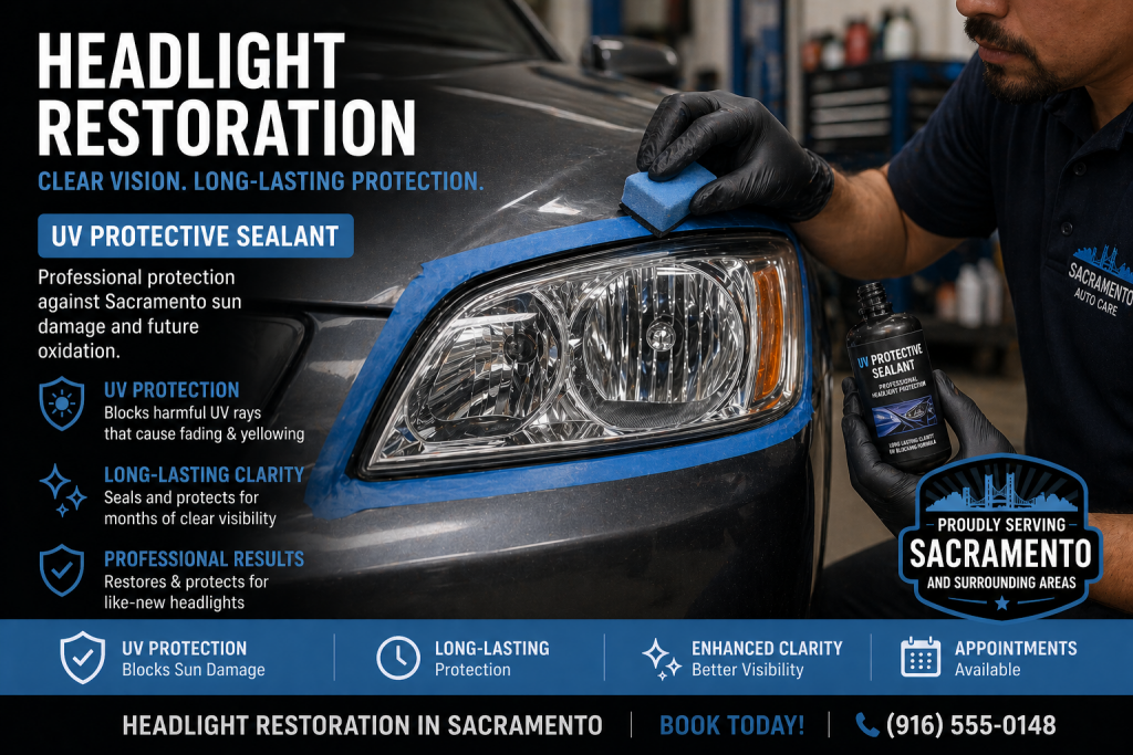 Technician applying professional UV protective sealant during headlight restoration in Sacramento