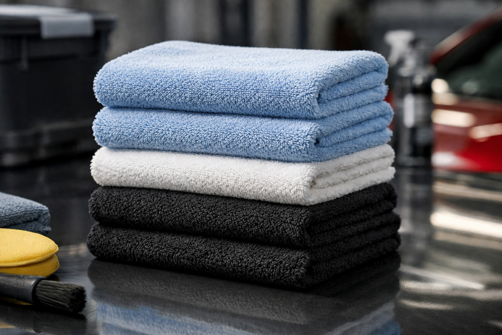 Stack of clean microfiber towels properly maintained to prevent swirl marks after car wash