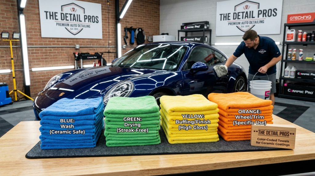 Clean, color-coded microfiber towels for safe washing of ceramic coated car paint