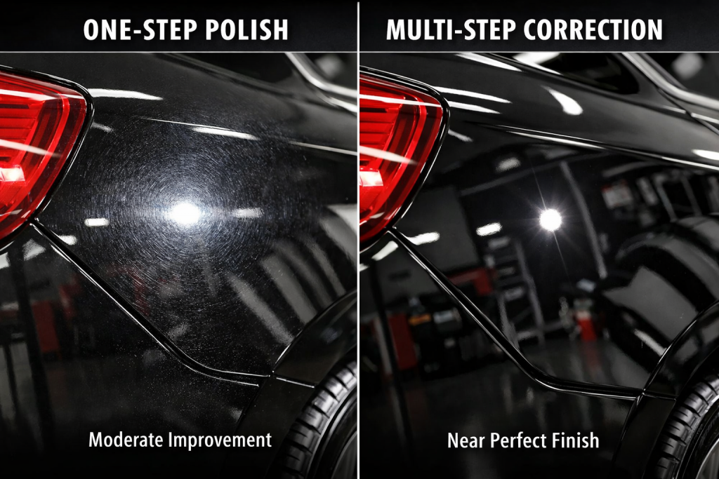 Side by side comparison showing paint correction sacramento results from one-step versus multi-step