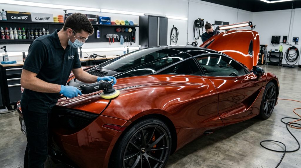 Professional paint correction removing swirl marks before ceramic coating application