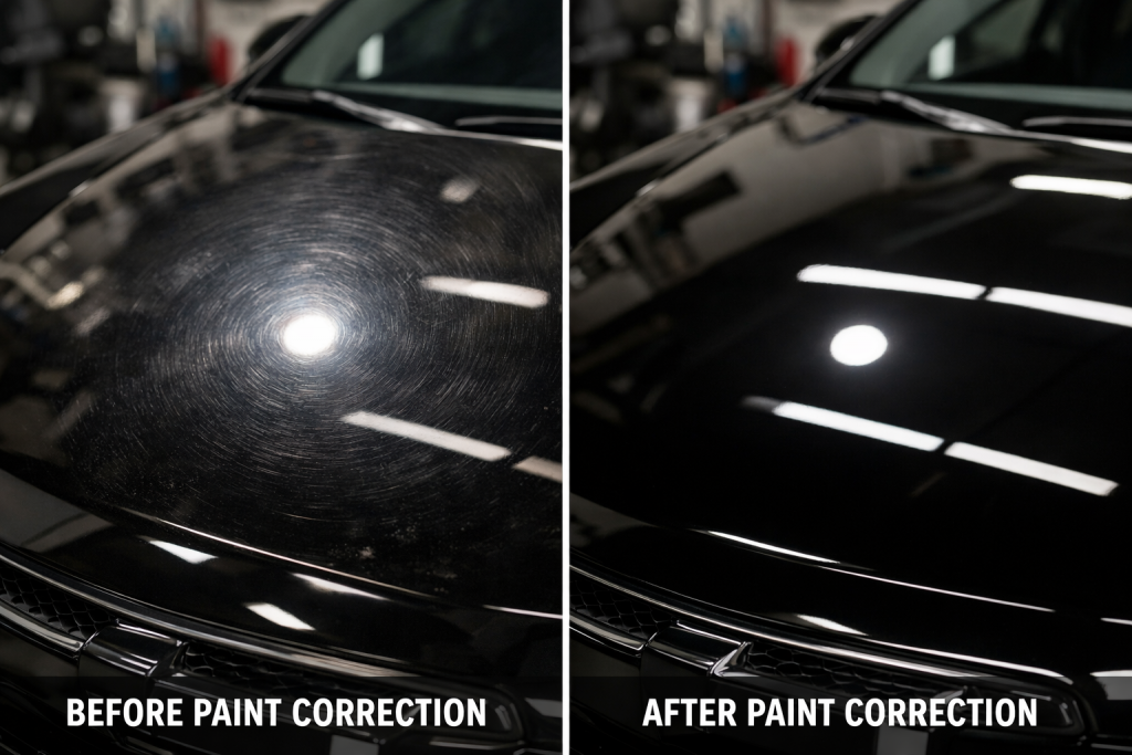 Before and after paint correction sacramento showing swirl mark removal on black vehicle hood