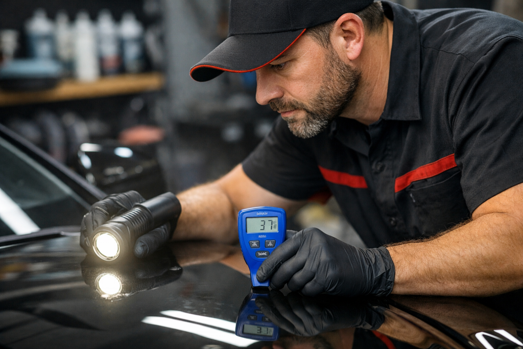 Professional detailer using paint thickness gauge for paint correction sacramento assessment