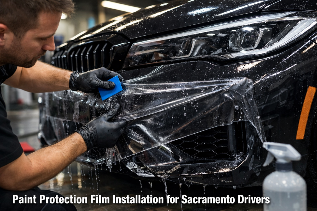PPF installation process on vehicle front bumper showing paint protection film application for Sacramento drivers