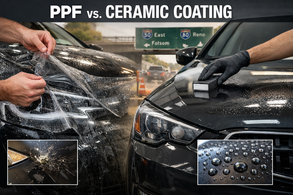 PPF vs ceramic coating side-by-side comparison showing paint protection film thickness and ceramic coating application on vehicle surface