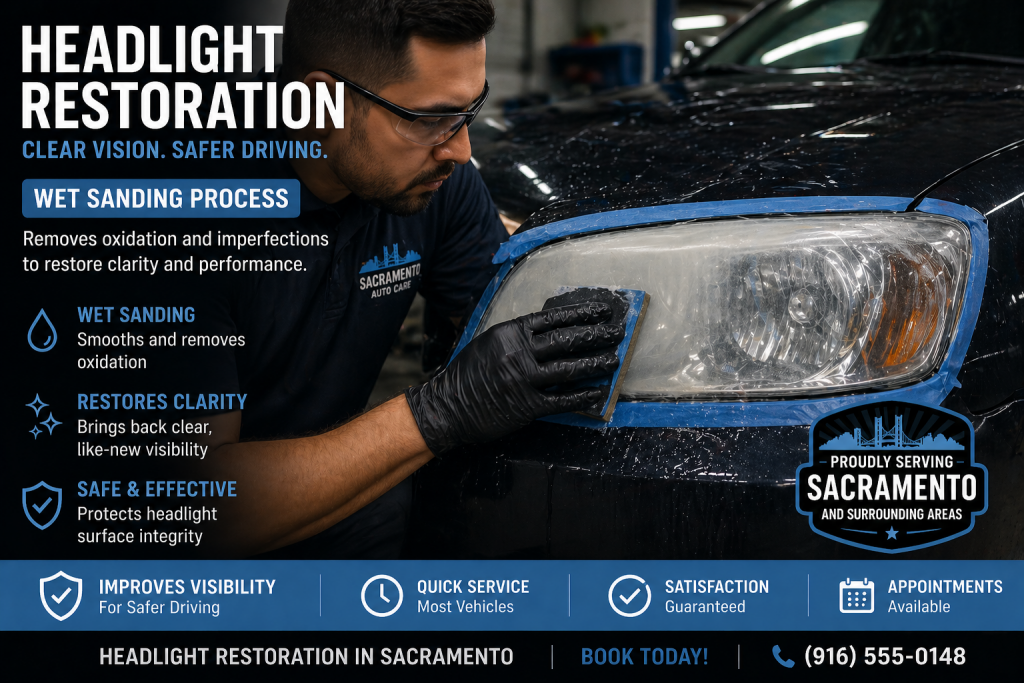 Professional technician performing wet sanding process during headlight restoration in Sacramento