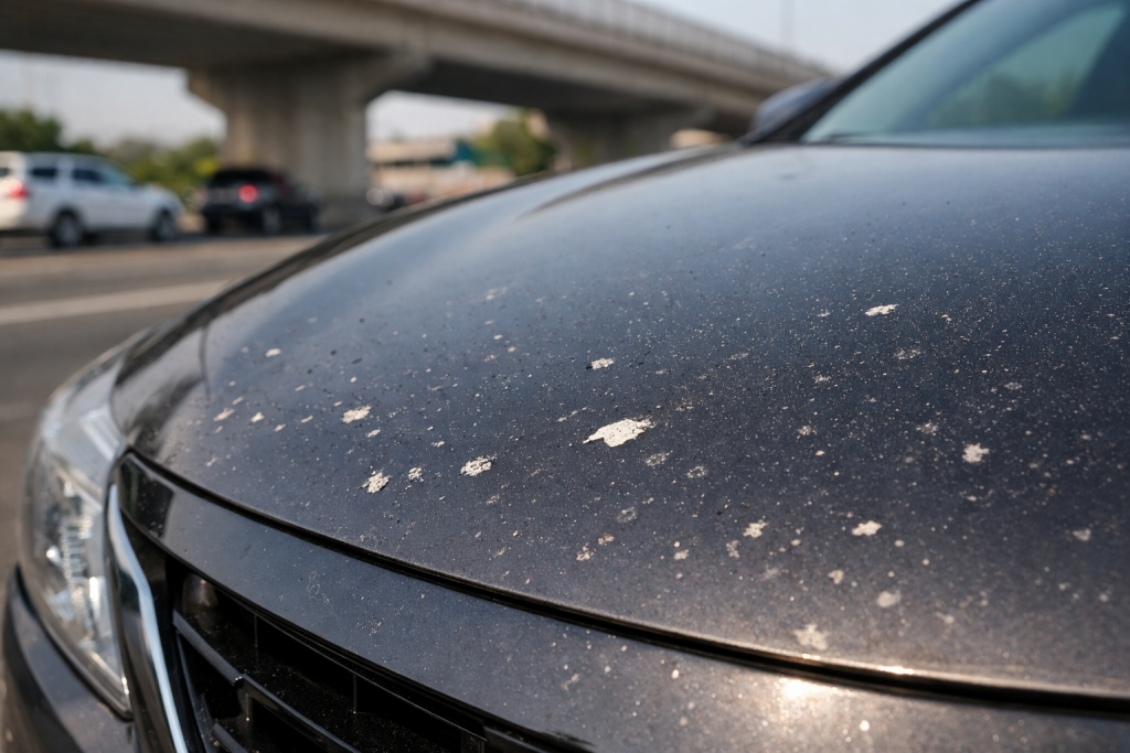 Rock chip paint damage on vehicle hood from Sacramento freeway debris showing need for PPF protection