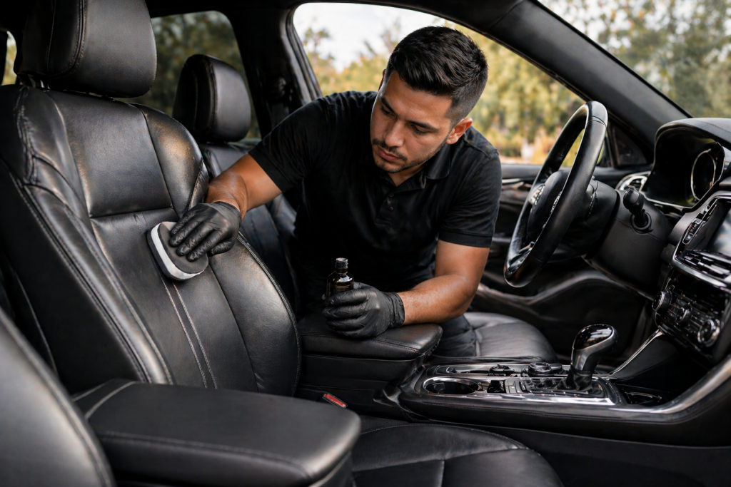 Auto detailer applying leather conditioning treatment during interior car detailing Sacramento service