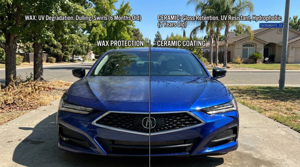 Car paint showing ceramic coating vs wax protection against Sacramento UV damage