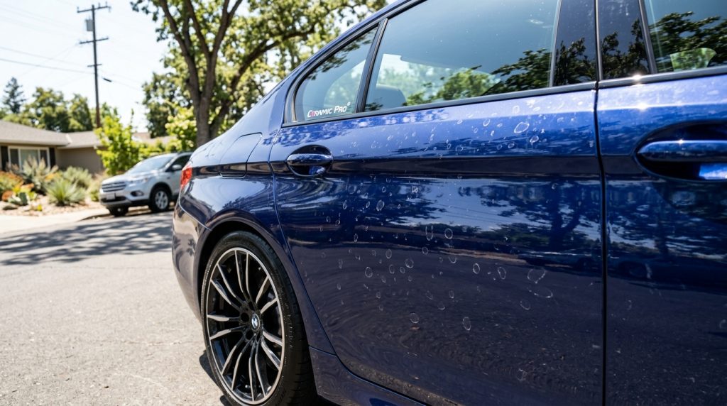 Mineral water spots visible on ceramic coated car paint in Sacramento after washing