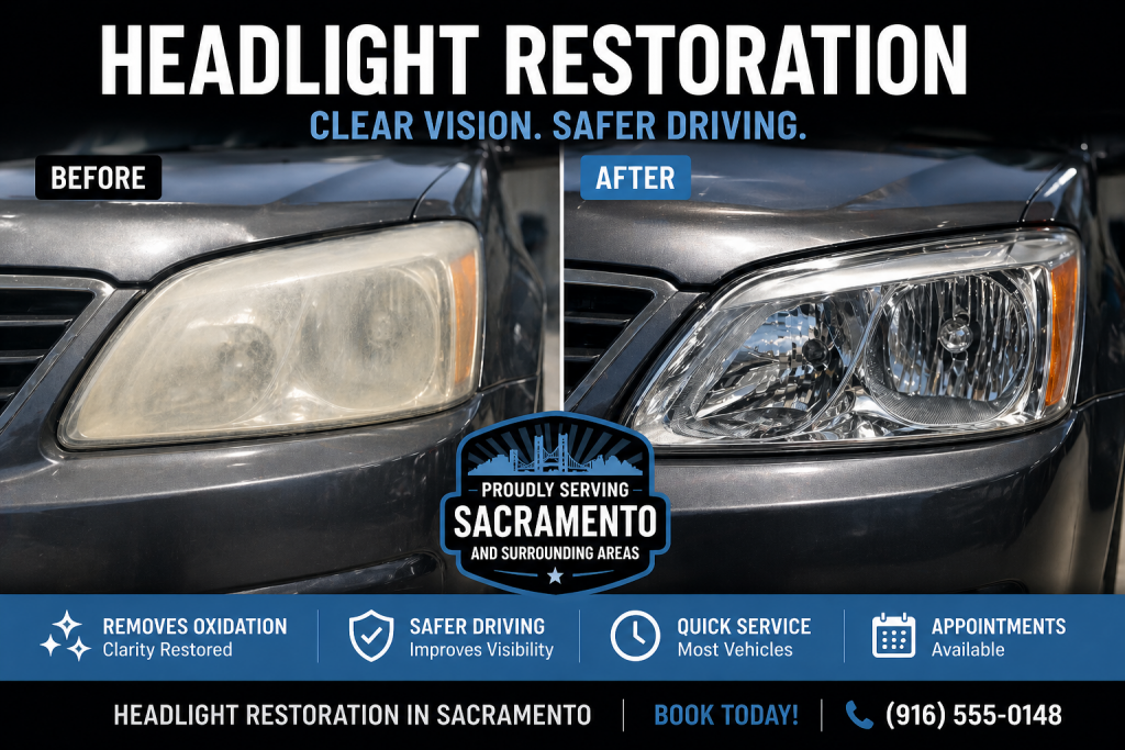 Before and after comparison showing cloudy oxidized headlights restored to clear condition in Sacramento