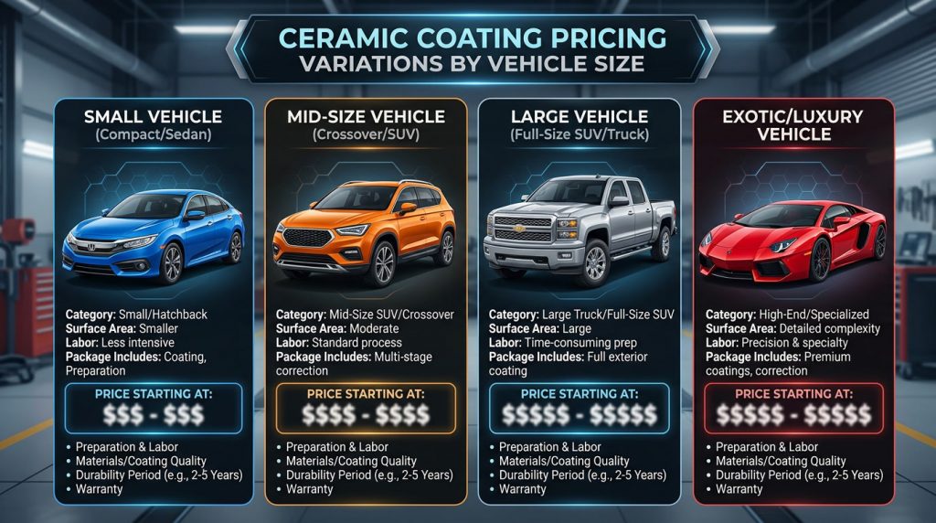 Different vehicle sizes showing ceramic coating sacramento pricing variations