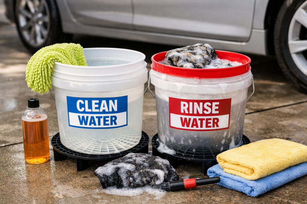 Two-bucket car wash method setup showing clean and rinse buckets to prevent swirl marks