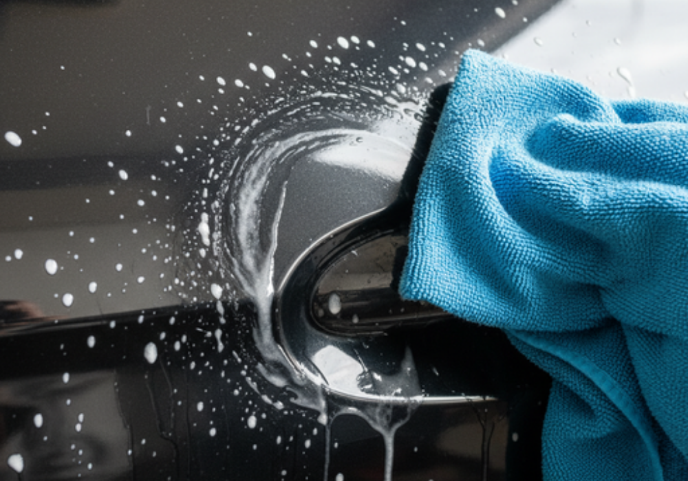Microfiber towel applying vinegar solution to remove hard water spots on car paint surface