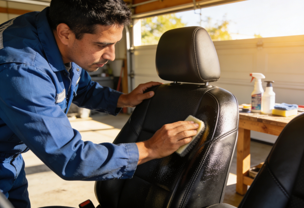 Leather car seats being professionally cleaned and conditioned