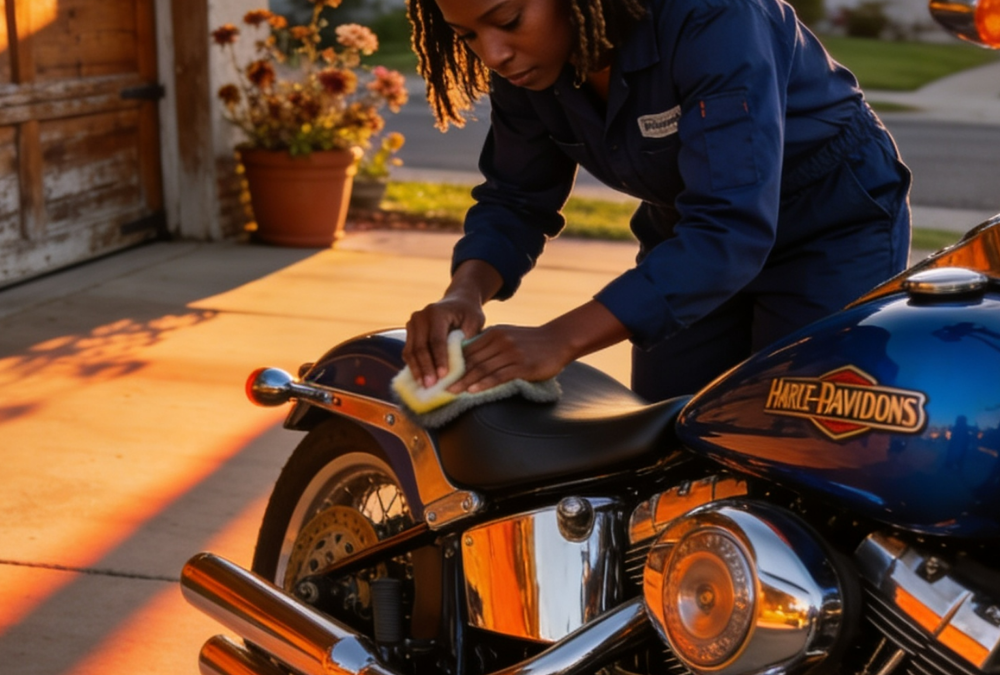 Mobile detailing sacramento professional working on vehicle exterior in residential driveway
