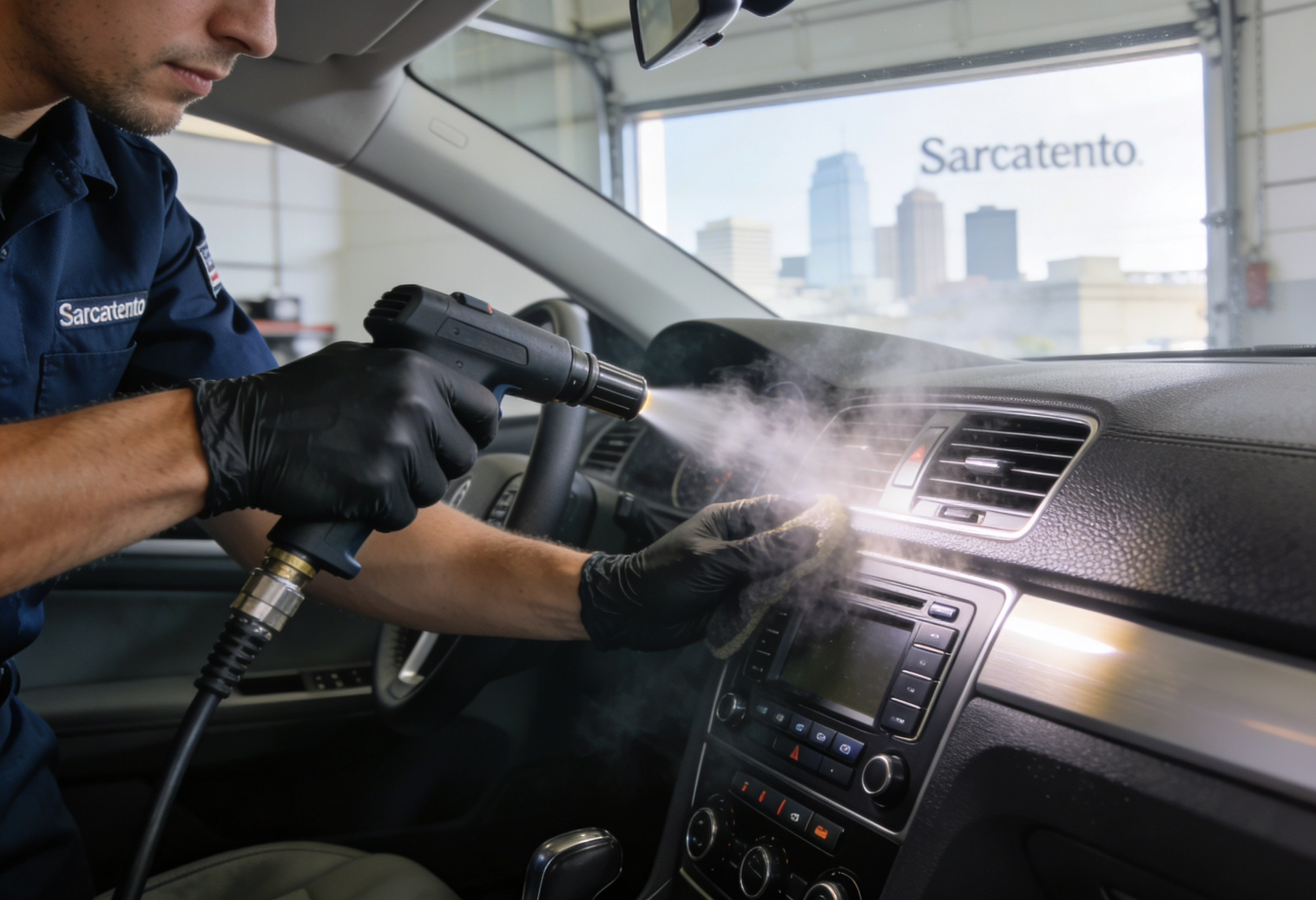 Professional steam cleaning car interior dashboard and center console in Sacramento