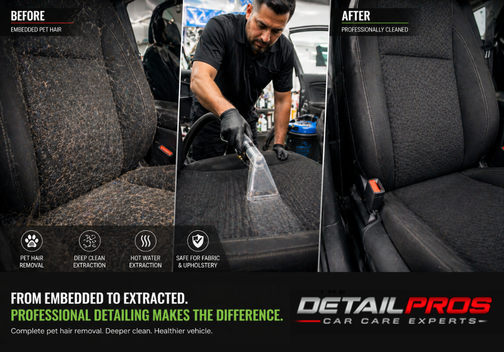  Comparison showing effective pet hair removal from car seats by Sacramento professional detailers