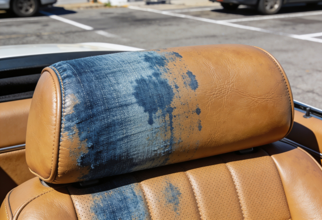 close-up of blue jean dye transfer stains on tan leather car seat bolster