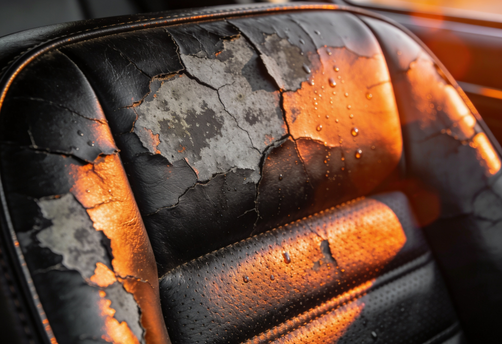 close-up of cracked leather car seat bolster showing heat and UV damage in hot weather