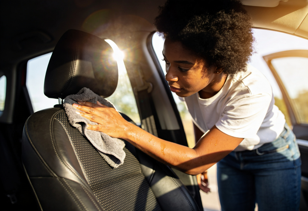 microfiber towel cleaning perforated leather car seat in hot weather without excess moisture