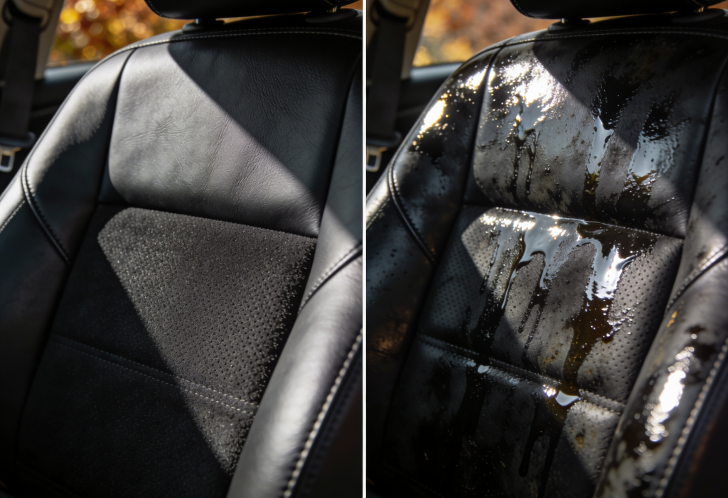 side-by-side comparison of properly conditioned leather car seat with matte finish versus greasy shiny buildup